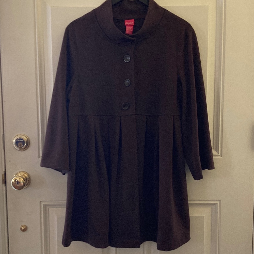 DuJour 3/4 Sleeve Mock Neck Long Pleated Knit Jacket/Chocolate/L/EUC!/WORN ONCE!